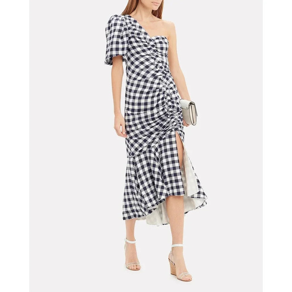 Jonathan Simkhai Lux Twill One-Shoulder Gingham Dress Navy Size 8